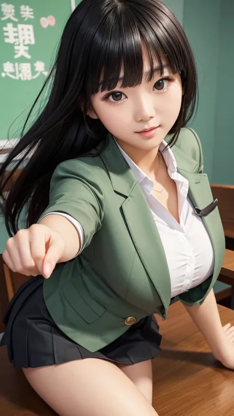 ((high quality)), ((Tabletop)), (Detailed face), (highlight),　Asian Girl、Big breasts、thigh、Black Hair、Heavy bangs、high school girl、skirt、blazer、