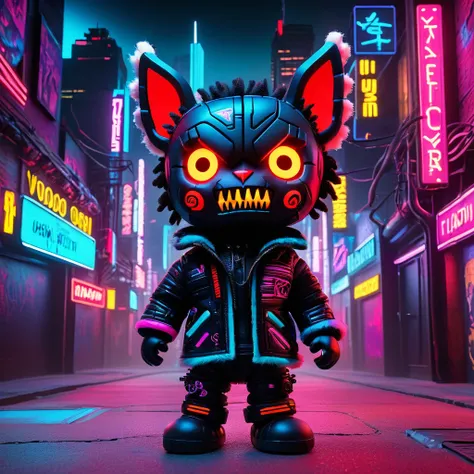 (knitted toy voodoo doll:1.2), (voodoo beast:1.3), (cyberpunk clothes:1.0), (in a neon-lit jacket:1.2), (cybernetic enhancements:1.2), (glow-up red eyes:1.3), (sharp teeth:1.2), (black, furry body:1.5), (black, furry face:1.3), (standing in a neon-lit city...