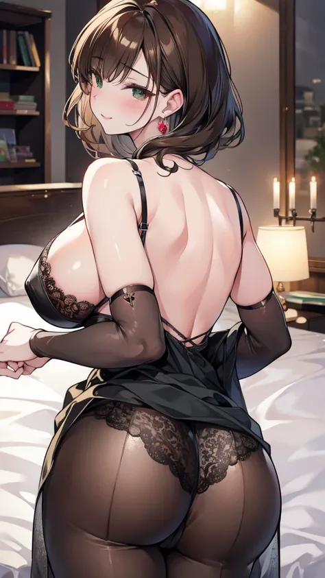 masterpiece，stunning reality，Realistic，Clarity，Sexy，full，beauty，Married woman，Huge breasts，cleavage，prostitute，Dim Lights，on the bed，Transparent lace skirt，Lipstick，Smile，earrings，brown hair，Short curly hair，Green eyes，Lying on the bed with your butt expos...