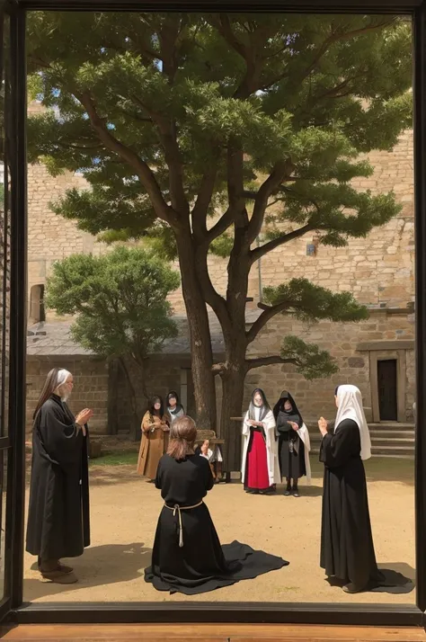 Painting。Medieval Europe。A group of people dressed in black are praying to a strange tree.。religion。