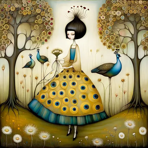 Patchwork by Klimt, Nicoletta Ceccoli, Naoto Hattori, Lawrence Didier, Leonora Carrington of European Woman with short black hair and a long, wide skirt collects flowers from small trees. peacocks, white dandelion flowers.