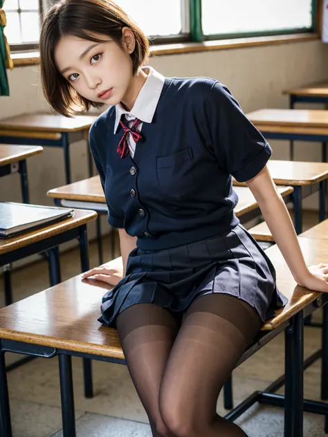 (Tabletop, Highest quality, Very detailed), One Girl, Purple eyes, Blonde, Dark Skin, short hair、Perm Hair、((Japanese School Uniform))、((pantyhose))、(In school)、(mini skirt)、Black panties