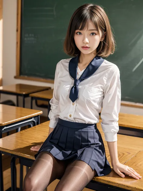 (Tabletop, Highest quality, Very detailed), One Girl, Purple eyes, Blonde, Dark Skin, short hair、Perm Hair、((Japanese School Uniform))、((pantyhose))、(In school)、(mini skirt)、Black panties