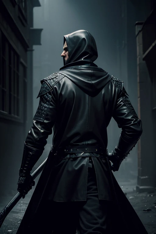 A middle aged man in a leather goth jacket with hood covering his head, wielding a large grim reapers scythe as a weapon, dark shadowy powers emanating from his back, detailed facial features, intricate clothing textures, moody dramatic lighting, dark fant...