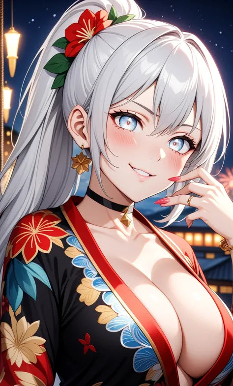 ((One personの女性)), Beautiful Face,Laughing shyly,((Wink:2.0)),Laugh with your mouth wide open((Bright red cheeks:1.4)),Glossy pink lips,night,rooftop,Festive decorations,You can see the ocean, firework,Laughing with your mouth open,Glossy pink lips,Lightin...