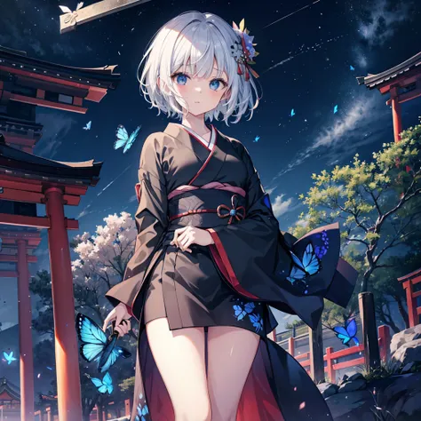 (((1 person)))　((High resolution　Gray Hair　short hair　Black kimono　Shoulder　knifeを構える))　((Black Band　samurai　Lonely　despair　blue eyes))　((Blue Butterfly　night　Japanese style　old　Shining Aura　garden　shrine　torii　Catch the wind))　(dance　日本knife　knife　Slashin...