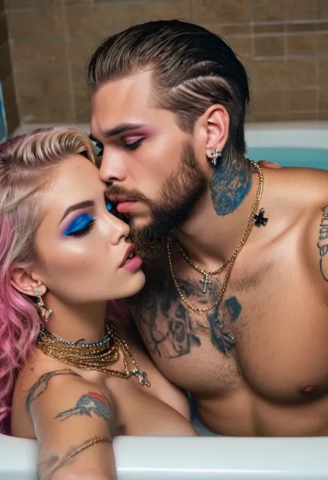 A male with jawline, brown eyes, brown curly hair, small diamond cross ear studs, hollywood style brown beard, neck tattoos and tattoos on hand, wearing diamond chain and rolex watch and Beautiful woman with long straight blonde hair with blue and pink hig...