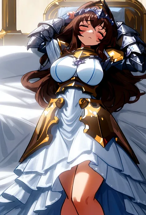 ((Masterpiece, 8k, High quality)), (big breasts, hips wide open), ((brown hair)), ((eyes colour blue)), ((Silver armor)), (((sleepy white dress))), (a face that looks sleepy),  cute, (((Paladin))), ((little girl))