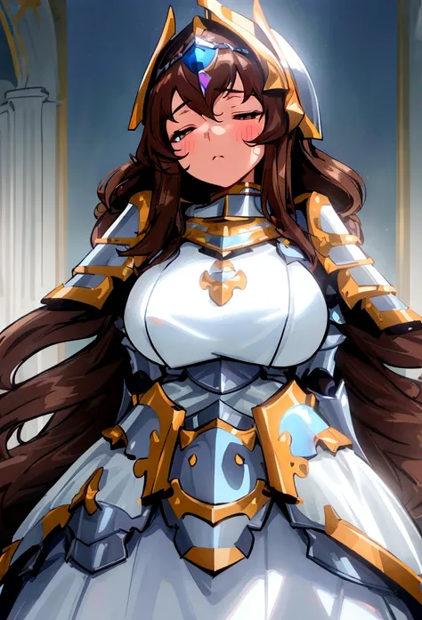 ((Masterpiece, 8k, High quality)), (big breasts, hips wide open), ((brown hair)), ((eyes colour blue)), ((Silver armor)), (((sleepy white dress))), (a face that looks sleepy),  cute, (((Paladin))), ((little girl))