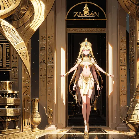 A lovely crystal embellished PHARAOH beautiful body and face, bigger eyes, ANCIENT EGYPT themes in background Egyptian themes.
