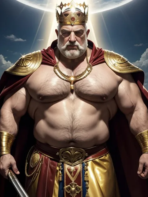 Hyperrealistic image of an old man over 79 years old Italian superhero king holy martyr imperial warrior with rays of light coming out of his bald body with a huge crown of gold and gems and a halo of light with rays on his head super heavy and very fat ve...