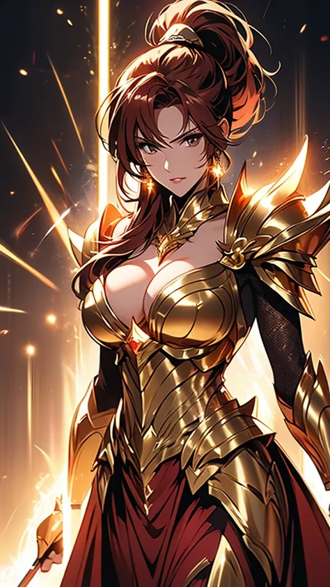 Gold Armor, 4K image, rallies, best quality, masterpiece, movie lighting ，Sexy，Large Breasts，Cleavage，action，In battle，cleavage，anger，noble，Light beams from hands，Golden lightning all around，red hair，ponytail hairstyle，Saint Seiya Leo Aiolia，Wink，lipstick