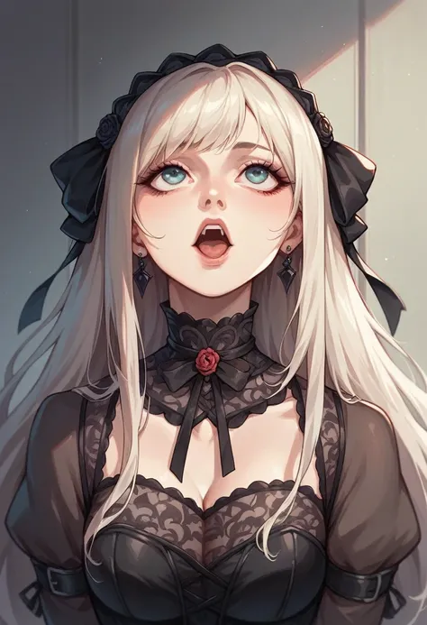 beautiful girl　Black sheer lace　Gothic Lolita Fashion　Looking up　Mouth half open