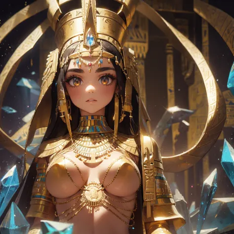 A lovely crystal embellished PHARAOH beautiful body and face, bigger eyes, ANCIENT EGYPT themes in background Egyptian themes.
