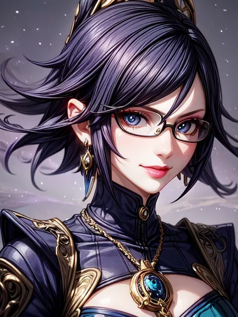 1girl, Bayonetta, solo, full body, looking at viewer, smile, short hair, blue eyes, jewelry, earrings, sky, black hair, glasses, lips, makeup, lipstick, eyeshadow, black-framed eyewear, alternate hair length, amulet (insanely detailed, beautiful detailed f...