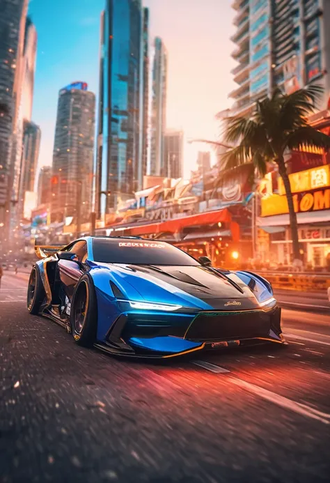 Sports car racing down cyberpunk Miami city, Cyberpunk Car wallpaper, bright sunny day, beautiful cloudy sky, perfect car anatomy and proportions, streets neon signs and debris, exciting epic action camera, masterpiece quality phone wallpaper, sharp detail...