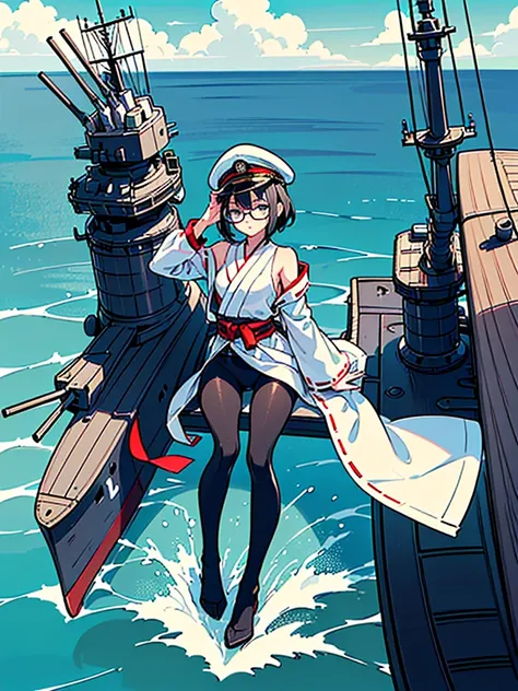 ((((Full body of a woman with perfect flat chest、Short unkempt black hair、white military jacket、Miko costume、tights、Black glasses、White military cap、Cloudy eyes、Sleepy expression)))), (((masterpiece))), (((Shipgirl))), ((Floating on the morning sea with bo...