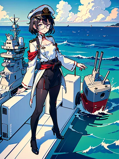 ((((Full body of a woman with perfect flat chest、Short unkempt black hair、white military jacket、Miko costume、tights、Black glasses、White military cap、Cloudy eyes、Sleepy expression)))), (((masterpiece))), (((Shipgirl))), ((Floating on the morning sea with bo...