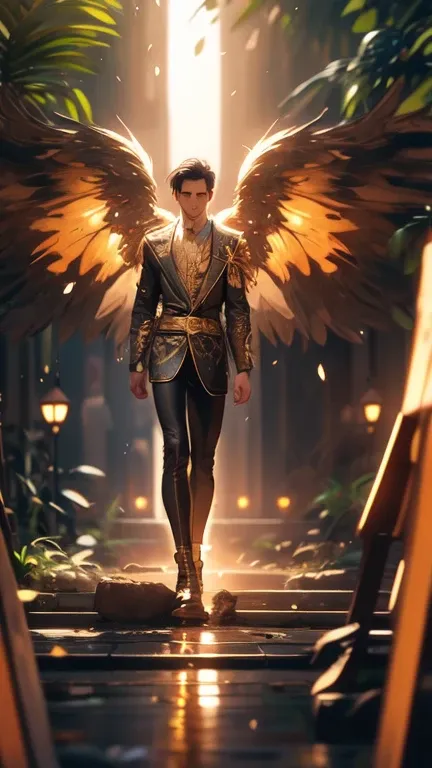 Fairy male man with orange and gold details, large wings, detailed face, detailed hands, detailed legs, detailed fingers, detailed hair, detailed eyes, detailed skin, lush vegetation blurred background, vibrant colors, lush light, soft light, sunset light,...