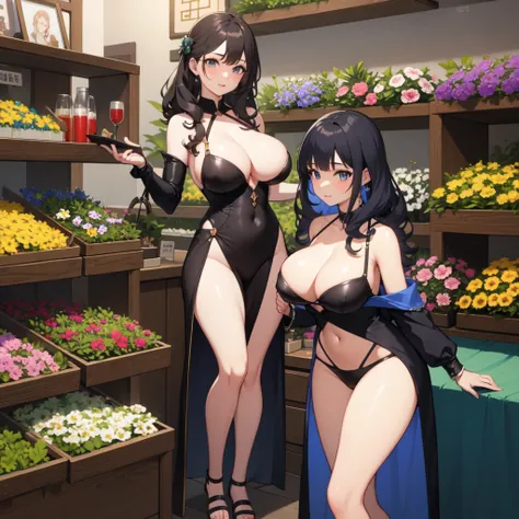 Highest quality、Ultra-high resolution、Fantasy、roleplaying game、A sexy shop assistant in her 30s with big breasts and curly hair、Inside the flower shop