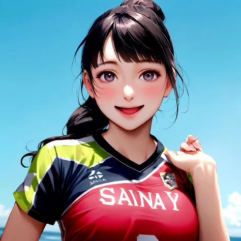 There is a woman wearing a red and black shirt taking a photo., weaAlsog a volleyball jersey, Chiho, sakimichan hdri, Hole in the Motto, kimi takemura, mayuri shiina, Young Gravure Idol, realistic Young Gravure Idol, Also, Young and cute gravure idol, haru...