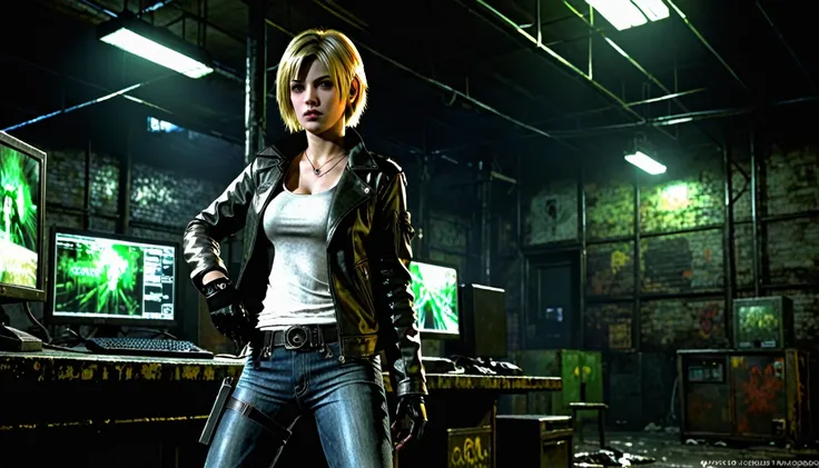 1girl, Heather Mason (Silent Hill 3), blonde hair, short hair, green eyes, one eye glow, 21 years old, leather jacket, gloves, black gloves, jeans, boots, pistol holster, dark warehouse, 1 computer with three led monitors, window, new york cyberpunk, high ...