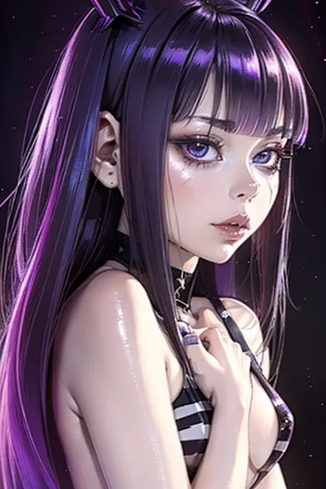 beautiful alluring gothic clown elizabeth olsen, fantasy theme, skin only,, purple and black stripes,  twin tail hairstyle, mini...