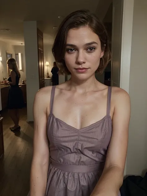 1 swedish girl, cheap phone camera quality, solo, southern belle, [Keira Knightley:0.8], dark strawberry blonde ((short)) hair, freckles, blue eyes, (Swedish face, swedish body), 25 years old, BREAK, (((selfie))), ((shes wearing: mauve dress)), sexy, seduc...