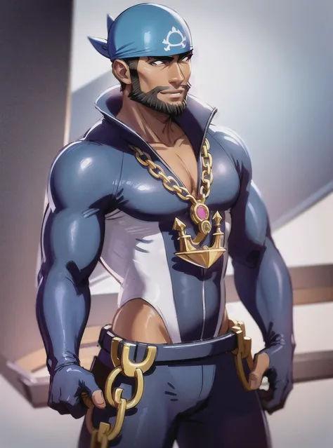 beard, male focus, wetsuit, bandana, 1boy, facial hair, dark skin, pectorals, dark-skinned male, blue bandana, chain necklace, jewelry, necklace, anchor necklace, bara, bodysuit, muscular, muscular male, pokemon (creature), short hair, blue bodysuit, pecto...