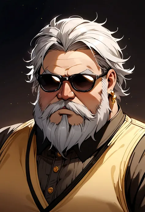 chubby man with gelled grey hair, short hair, black sunglasses, beard, gold earrings, brown-yellow vest