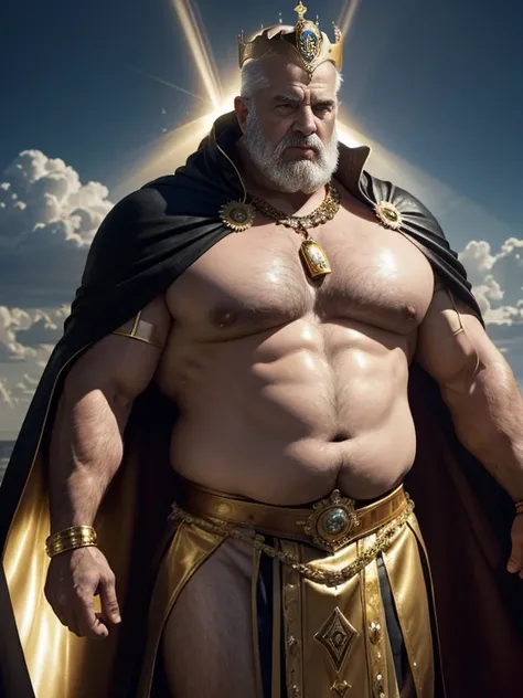 Hyperrealistic image of an old man over 79 years old Italian superhero king holy martyr imperial warrior with rays of light coming out of his bald body with a huge crown of gold and gems and a halo of light with rays on his head super heavy and very fat ve...