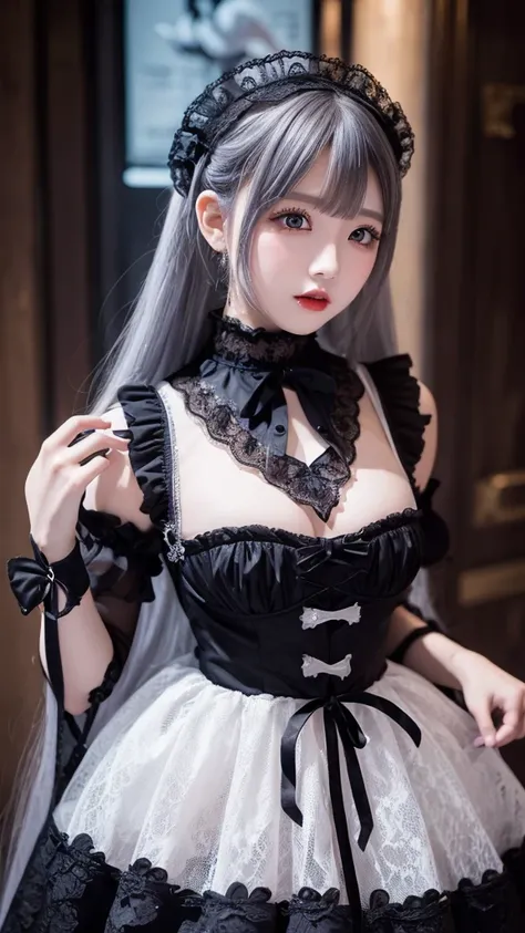 Images of only the upper body　Gothic Lolita outfit with transparent black lace　Silver Hair　Show the valley　Mouth half open