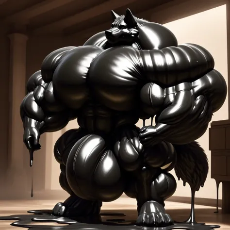 solo, male, , , , (hyper pecs:1.2), （long thick thighs:1.5）, standing, indoor,，(，,(,solo,very hyper muscles:1.3)((, Huge bulge：1.3))）（)), black glowing liquid，（((liquid_latex, , rubber:1.2)，,black latex，goo transformation，(gooey)()(l），unreal engine,perfect...