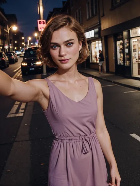 1 swedish girl, cheap phone camera quality, solo, southern belle, [Keira Knightley:0.8], dark strawberry blonde ((short)) hair, freckles, blue eyes, (Swedish face, swedish body), 25 years old, BREAK, (((selfie))), ((shes wearing: mauve dress)), sexy, seduc...