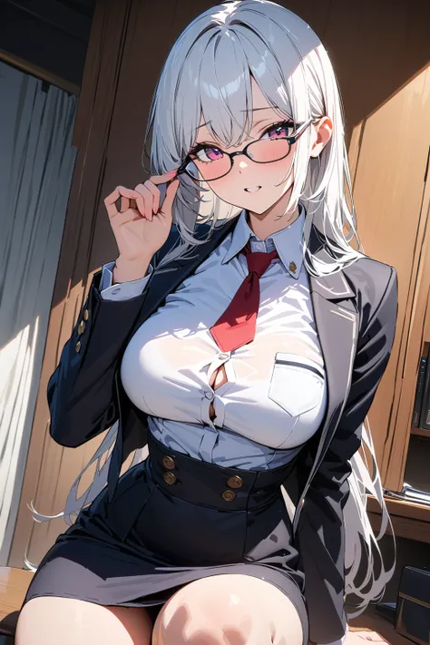 (masterpiece, best quality:1.5), (ultra detailed, high resolution, 8k, beautiful detailed, UHD, best anatomy), 1 girlfriend, white hair, medium breasts, Take off glasses, (private) secretary