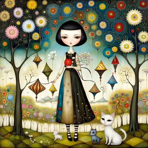 Patchwork by Klimt, Nicoletta Ceccoli, Naoto Hattori, Lawrence Didier, Leonora Carrington of European Woman with short black hair and a long, wide skirt collects flowers  from small trees. Kites, white dandelion flowers. 
