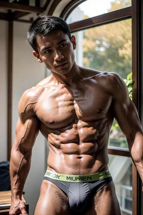 Ancient Thai Daddy,60 year old,Thai nationality,Thai ethnicity,Corn field background,skinny boy body, muscle body,sport body, big muscle, Handsome face,Six Pack,muscle,Crew Cut Mens hairstyle, He was wearing tight Yellow and Grteen Calvin Klein underwear a...