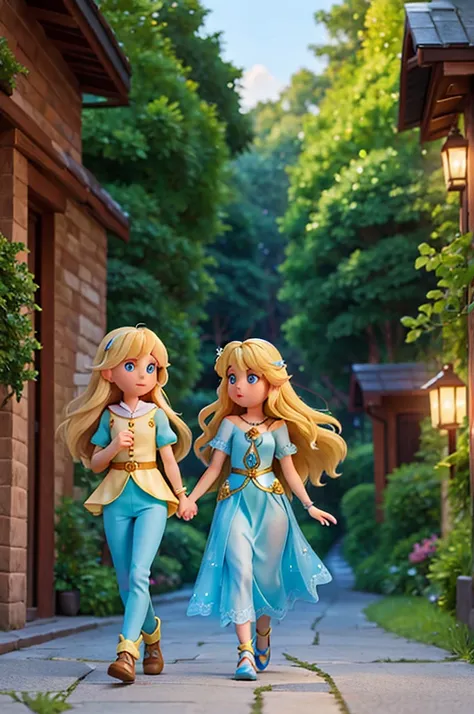 with long golden hair and bright eyes full of sparkles and a blue color, finds herself holding the hand of a fairy with short blonde hair, while they find themselves on a path with a bright road inside a fantasy forest
