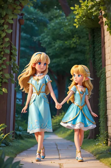 with long golden hair and bright eyes full of sparkles and a blue color, finds herself holding the hand of a fairy with short blonde hair, while they find themselves on a path with a bright road inside a fantasy forest
