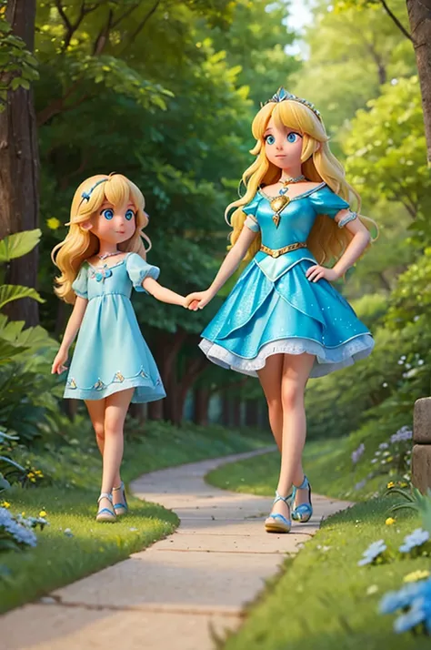 with long golden hair and bright eyes full of sparkles and a blue color, finds herself holding the hand of a fairy with short blonde hair, while they find themselves on a path with a bright road inside a fantasy forest
