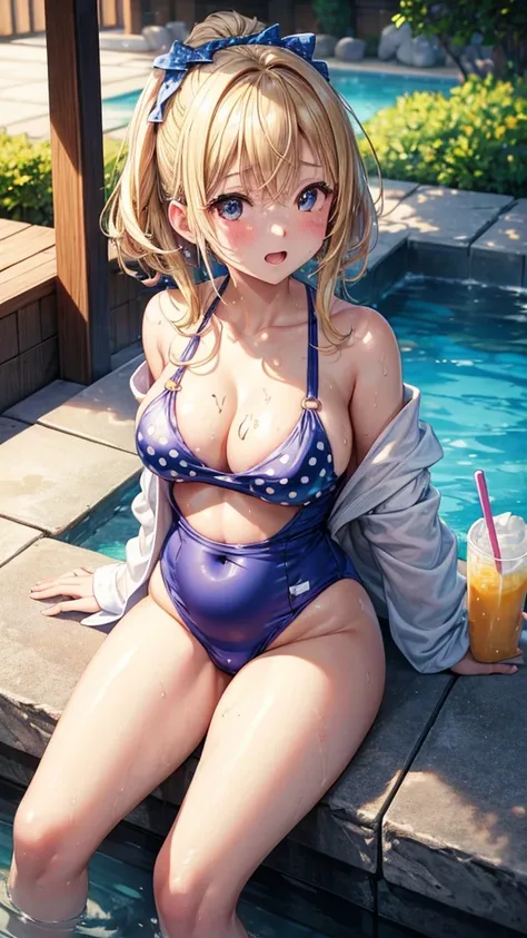 (highest quality)), ((masterpiece)), (family friendly), Perfect Face,Shiny skin,Beautiful breasts,Kyoto Animation style drawing,Shiny skin、hoodie、Sunburned skin、Sweat、Off the shoulder、((Polka dot swimsuit))、Double teeth、Sit on a chair、(((Leg spread)))
、You...