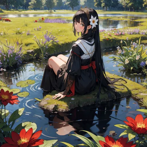 back view black haired girl with medieval dress outfit, sitting on the flower field, with swamp creature 