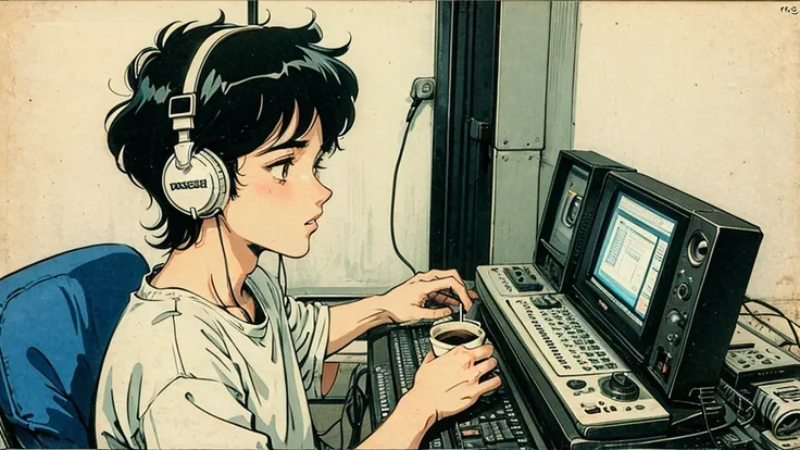 1 boy, 80s anime style, I have headphones on, coffee, Retro, Lo-Fi