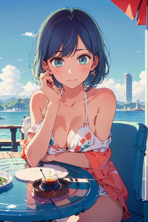 (Highest quality:1.4、8K:1.4、detailed)、F cup bust、Big Breasts、Slim body、Very white beautiful skin、((((1 person、Surprised expression、sit、Chair、In the background are the urban buildings of Tokyo、looking at the camera、Outdoor café terrace、coastal、Navy hair col...