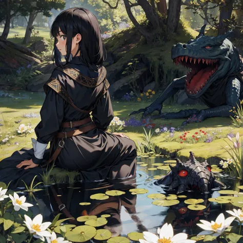 back view black haired girl with medieval dress outfit, sitting on the flower field, with swamp creature monster