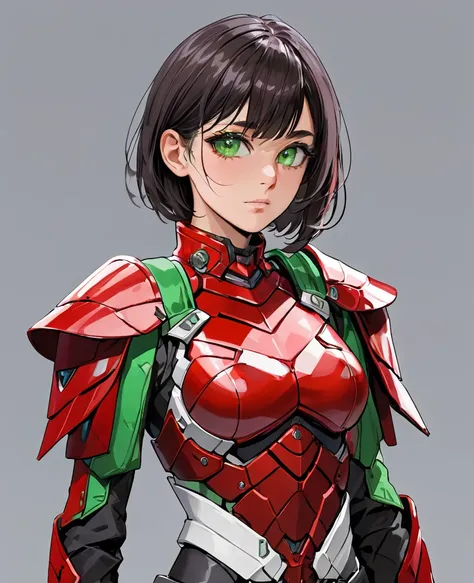 (best quality),female,nsfw, aran,((red chest armor)),white body,big shoulder armor,green eyes,cowboy shot,simple background,Science fiction,ultra-detailed,sharp focus,aesthetic,torn clothes,serious face,science fiction