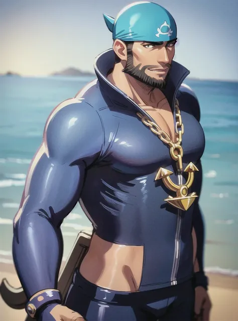 beard, male focus, wetsuit, bandana, 1boy, facial hair, dark skin, pectorals, dark-skinned male, blue bandana, chain necklace, jewelry, necklace, anchor necklace, bara, topless , muscular, muscular male, pokemon (creature), short hair, mature male, black e...