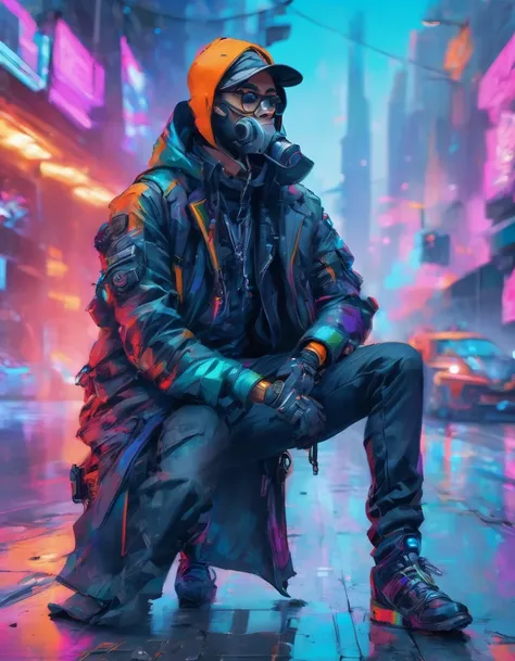 a detailed cypunk badass man , leaning against the wall pose on a futuristic street beside a traffic light , ((holding a smoke)) with a vibrant color , high clarification , refined quality , high definition , super fine detailed ,clear details in 32k resol...