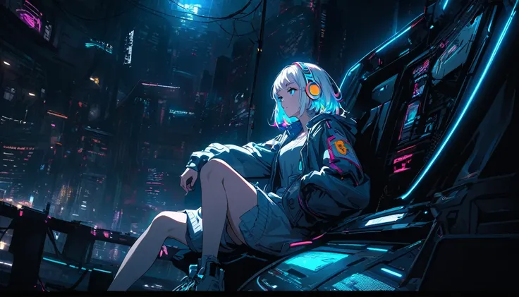 Handsome cute, Solitary, 1 female, Medium Length Hair, white hair, Rainbow hair, blue Eyes, Rainbow headphone, knit dress, Futuristic, Cyberpunk, Cybernetics panoramic, in the night, looking away, Sitting, Dj