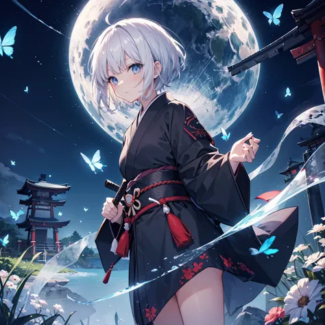 (((1 person)))　((High resolution　Gray Hair　short hair　Black kimono　Shoulder　knifeを構える))　((Black Band　samurai　Lonely　despair　blue eyes))　((Blue Butterfly　night　Japanese style　old　Shining Aura　garden　shrine　torii　Catch the wind))　(dance　日本knife　knife　Slashin...